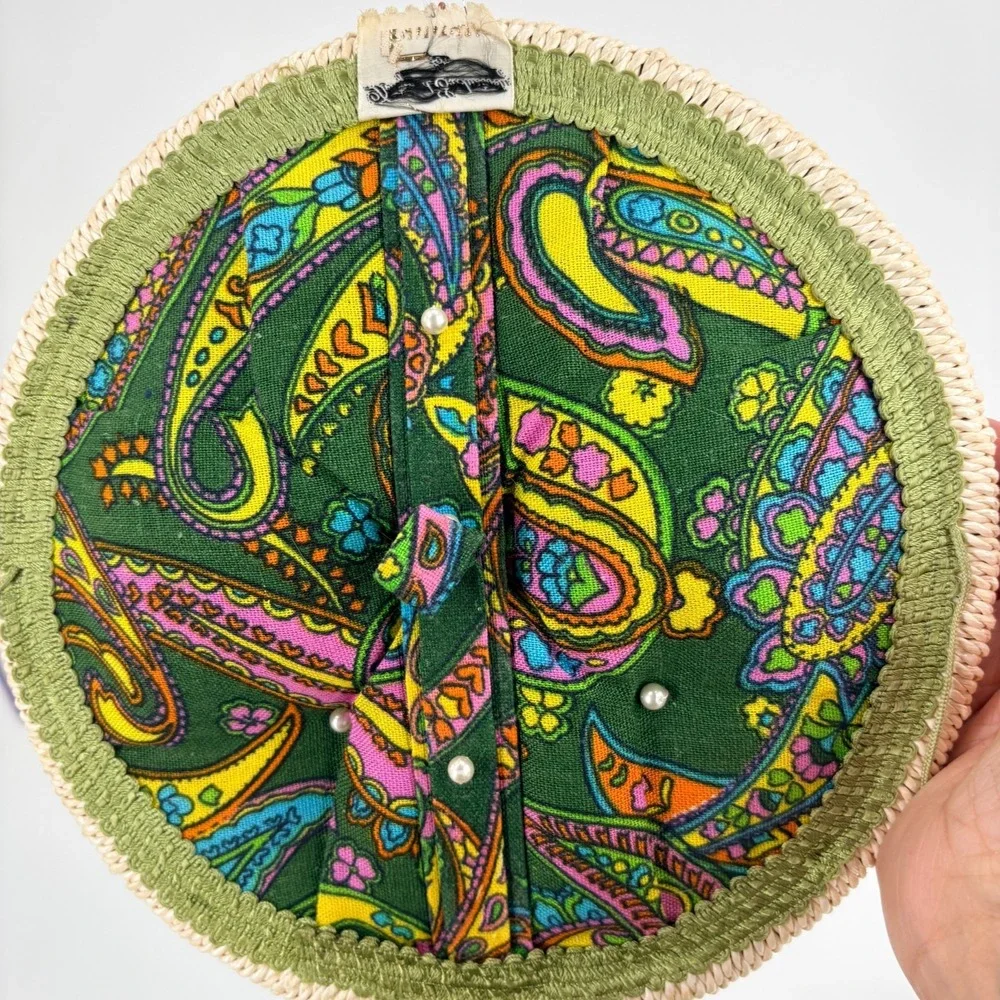 Vintage 1960s Sewing Woven Basket Green Pink  Paisley Fabric Handle Tray Japan